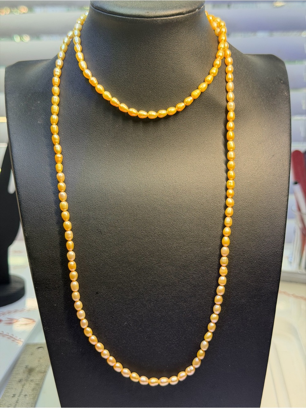 Elegant yellow Golden Cultured Pearl Necklace 36”
